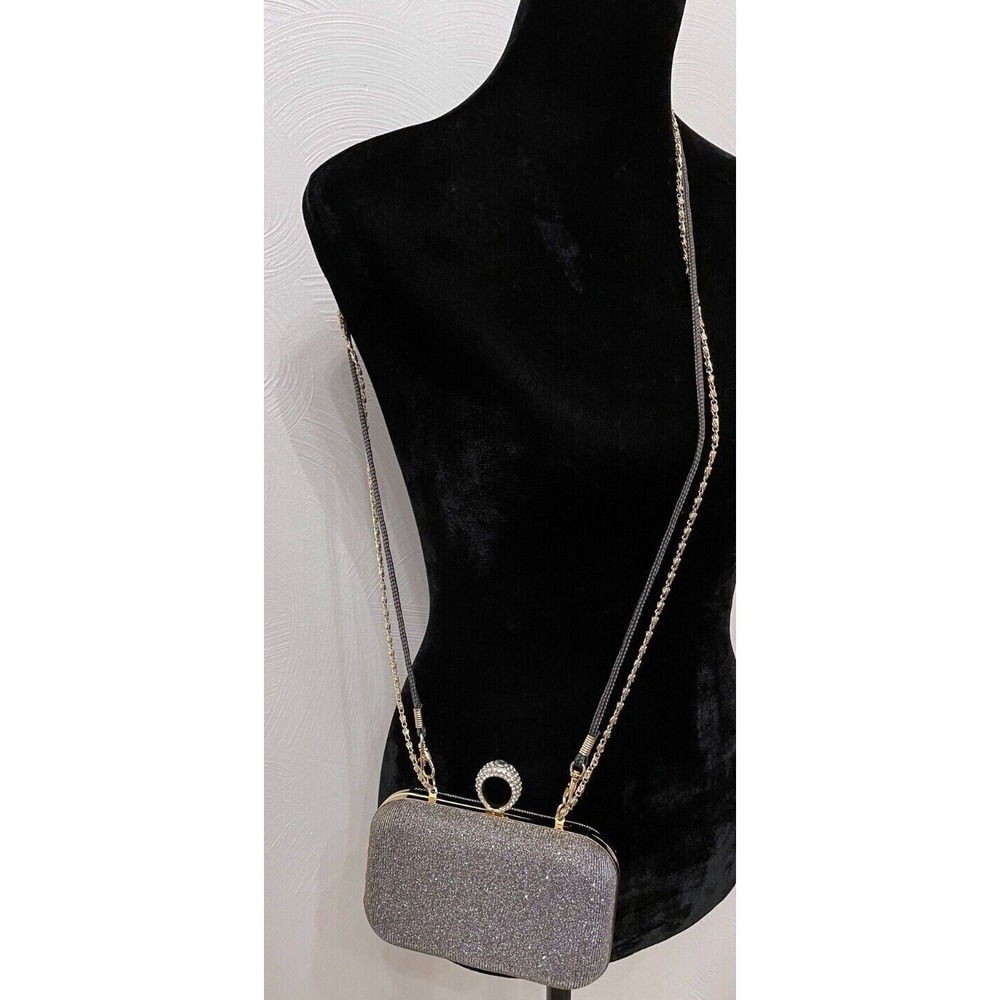 Payless Womens Clamshell Rhinestone Ring Purse Silver Gold Shoulder Strap Lined - Picture 4 of 15